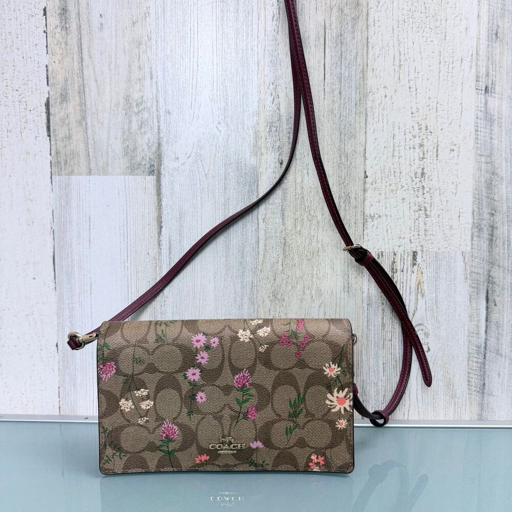 Coach Anna Foldover Clutch Crossbody Signature Canvas w/Wildflower Print